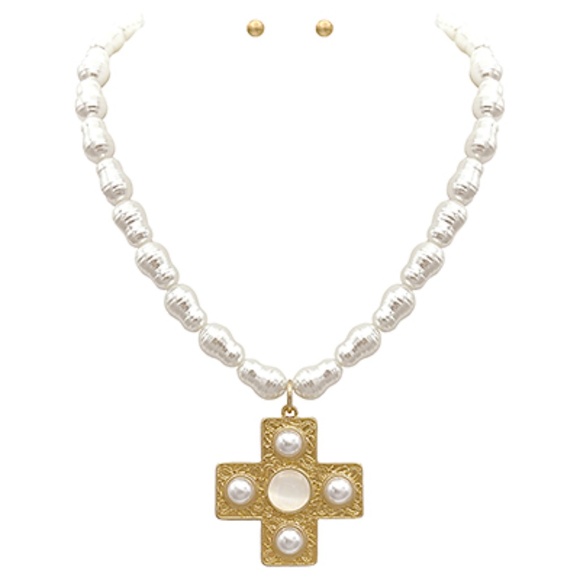 Cross & Pearl Statment Necklace Set - Picture 1 of 3
